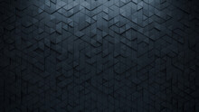 Triangular, 3D Wall Background With Tiles. Black, Tile Wallpaper With Polished, Futuristic Blocks. 3D Render