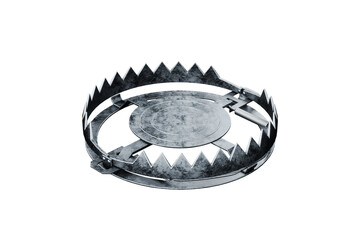 bear trap isolated on white background, metal trap. addiction, hunting, poaching, credit mortgage. 3