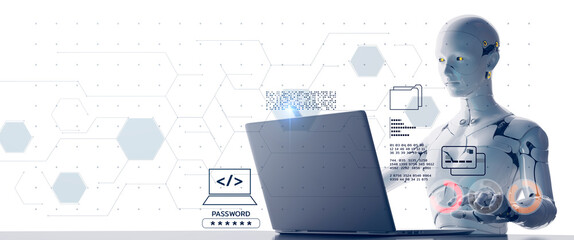 AI robot process automation RPA  security cloud digital technology. futuristic background 3D robot on global online network virtual communication IoT VPN cybersecurity, security platform programming