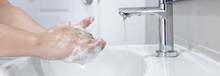 Men Are Washing Their Hands In The Sinks To Clear Respiratory Bacteria And Viruses, Sanitation And Reduce The Spread Of COVID-19 That Is Spread Around The World, Hygiene ,Sanitation Concept.