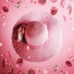 Wall Mural - Sun hat with falling flowers and petals at light pink background. Summer levitation concept with blossom and clothing accessories. Front view.