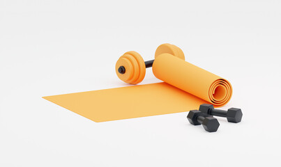 A yellow sports barbell and dumbbells. The concept of fitness classes in the gym or at home. Minimal style. In white, black and yellow colors. 3d rendering