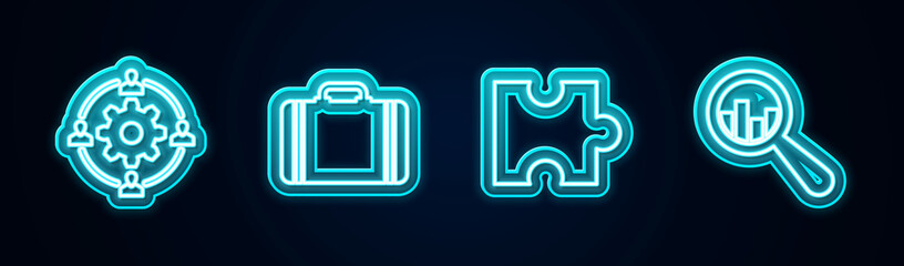 Poster - Set line Outsourcing concept, Suitcase for travel, Piece of puzzle and Magnifying glass and analysis. Glowing neon icon. Vector