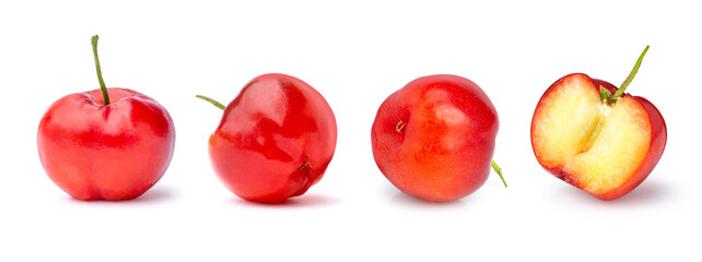 Set of fresh red acerola cherry fruit with cut in half sliced isolated on white background.