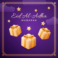 Wall Mural - Eid al Adha cards design in 3d modern vector style. Eid Mubarak Islamic holiday banner with Ramadan lantern and moon. Ramadan muslim decoration and purple color background