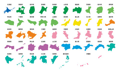  シンプルな日本地図　都道府県ごとに切り分け　カラフル　エリアで色分け