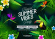 Summer Vibes Party Flyer Design with Flower, Tropical Palm Leaves and Toucan Bird on Green Background. Vector Summer Beach Celebration Design Template with Nature Floral Elements, Tropical Plants and