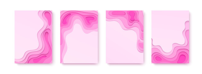 Wall Mural - Vertical banners set of paper cut background in sweet pink color. Abstract paper art shape. Vector design Wavy geometric liquid flow graphic.
