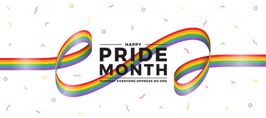 Happy pride month text with ribbon rainbow pride roll waving around on ribbon fireworks texture background vector design