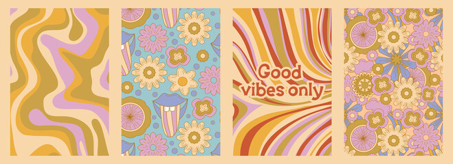 Wall Mural - Groovy poster set in cartoon style with slogan and flower daisy. Groovy flower background. Retro 60s 70s psychedelic design. Abstract hippie illustration.