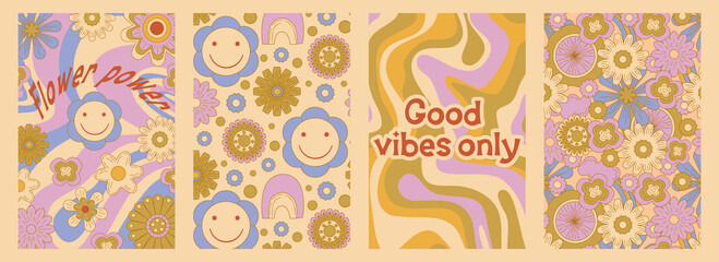 Wall Mural - Groovy poster set in cartoon style with slogan and flower daisy. Groovy flower background. Retro 60s 70s psychedelic design. Abstract hippie illustration.