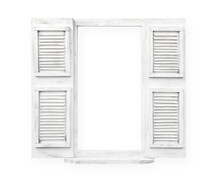 Old Retro White Wooden Window Shutters Isolated On White. Clipping Path Included. Window Frame For Picture With Path To Easy Put Picture In.