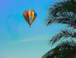 Hot Air Balloon. Copy Space.  Balloon up high in the bright blue sky. Palm branches on the right. Stock Image.