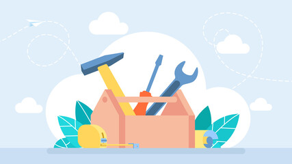 Wall Mural - Workman's toolkit. Toolbox with instruments inside. Tool chest with hand tools. Workbox in flat style. Set building tools repair. Hammer, screwdriver, tape measure. Vector business illustration