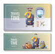 Set of banners for travel, tourism, adventure, journey. Suitcase, airplane and globe, camera, travel bag, plate window, passport and tickets. Vector illustration, flyer, cover, banner template.