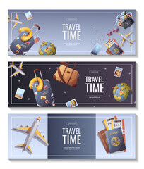 Set of banners for travel, tourism, adventure, journey. Suitcase, airplane and globe, camera, travel bag, passport and tickets. Vector illustration, flyer, cover, banner template.