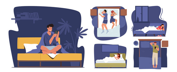 Set of Male or Female Characters Lying with Smartphones in Bed at Night. Mobile Phone and Gadget Addiction