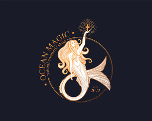 Sticker - Mermaid logo. Brand template vector illustration. Siren and marine girl with a tail. Vintage Hand drawn vector illustration for logo and poster