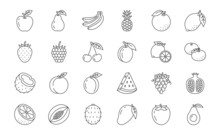 Fruit And Berry Doodle Illustration Including Icons - Strawberry, Apple, Pineapple, Raspberry, Pomegranate, Avocado, Watermelon, Coconut. Thin Line Art About Healthy Organic Food. Editable Stroke