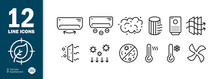 Clean Air Set Icon. Air Conditioning, Purification, Dust, Viruses, Filter, Fan, Air Circulation, Temperature, Etc. Fresh Air Concept. Vector Line Icon For Business And Advertising