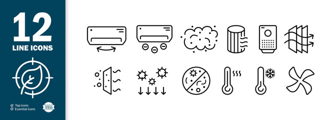 Clean air set icon. Air conditioning, purification, dust, viruses, filter, fan, air circulation, temperature, etc. Fresh air concept. Vector line icon for Business and Advertising