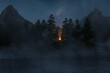 © Brilliant Eye - 3d rendering of a foggy nightscape with an island and bonfire
