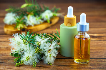 Two cosmetic bottles with oil and fresh tea tree branch. Tea tree oil (Melaleuca alternifolia)