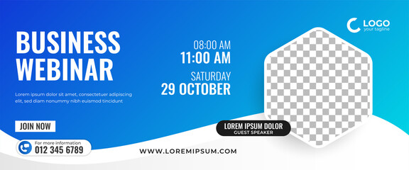 Webinar horizontal banner design template. Blue background with white flow shape. Usable for banner, cover, and header