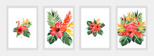 Tropical Paradise. Watercolor Collection Of Posters With Flamingo, Flowers And Leaves