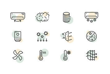 Air set icon. Air conditioning, dust, air freshener, heater, arrows, circulation, thermometer, temperature. Atmosphere concept. Vector line icon for Business and Advertising