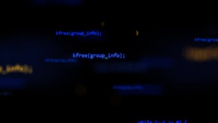 Close up of monitor screen with developing programming and coding technologies. Programmer or hacker is typing code on keyboard. Concept of bitcoin btc mining and development in virtual cyber space