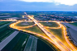 Fototapeta Miasto - Oleśnica Węzęł autostradowy z lotu ptaka, drona na drodze S8, A8, noc