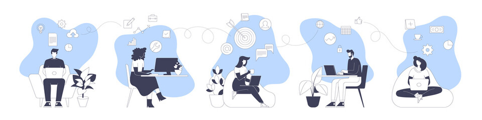 Wall Mural - business team characters working in office, co-working space or remotely at home, freelance, self-em