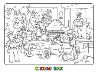 Wall Mural - Police station, car and officers. Coloring book