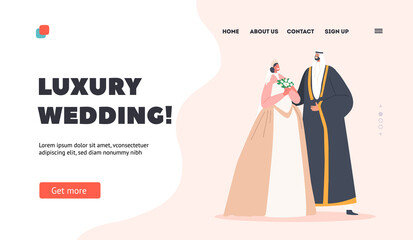 Wall Mural - Luxury Wedding Landing Page Template. Traditional Arab Couple, Muslim Groom and Bride in Dress Holding Bouquet