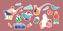 Set Of Stickers Children Fishermen With Rod, Big Fish And Bucket Isolated Patches. Kids Fishing On Pond, Recreation