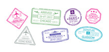 Set Of International Travel Visa Rubber Stamps. Berlin, Chicago And Paris, Tokyo, Hong Kong And Netherlands Or Glasgow