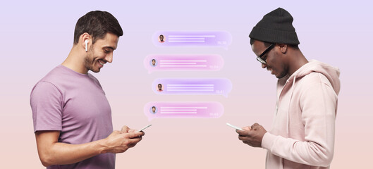 Diverse friends chatting with each other on phone with text bubbles between them