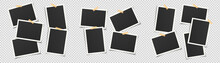 Set of empty black photo frames of various shape and size glued to transparent background with adhesive tape of different colors. Vector illustration with vintage style.