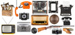 © stockphoto-graf - Big set collection of various retro vintage objects like rotary dial phone typewriter dslr camera and hand tools isolated white background.  antique old and osolete concept.