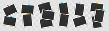 Collection Of Empty Photo Frames Attached To Transparent Background With Colorful Adhesive Tapes. Vector Illustration. Template For Your Saving Your Memories.
