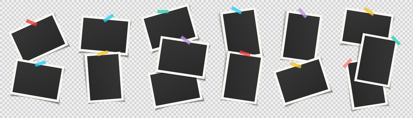Poster - Collection of empty photo frames attached to transparent background with colorful adhesive tapes. Vector illustration. Template for your saving your memories.