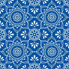 Poster - Scandinavian floral folk art outline vector seamless tile pattern, decorative textile or fabric print design with flowers and leaves inspired by lace and embroidery patterns in white on navy blue
