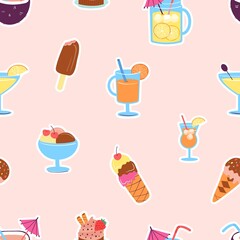 Sticker - Sweet dessert, ice cream and cocktails seamless pattern. Summer party print, fast food and snacks. Juice orange and lemonade, vector fabric texture template