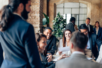 businesspeople working in office - lawyers brainstorming in law firm - manager staff meeting