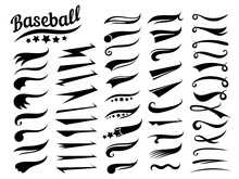 Swooshes Text Tails For Baseball Design. Sports Swash Underline Shapes Set In Retro Style. Swish Typography Font Elements For Athletics, Baseball, Football Decoration. Black Swirl Vector Line