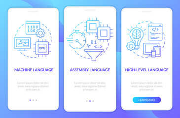 Types of computer languages blue gradient onboarding mobile app screen. Walkthrough 3 steps graphic instructions pages with linear concepts. UI, UX, GUI template. Myriad Pro-Bold, Regular fonts used