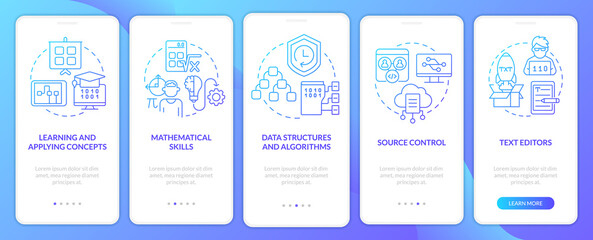 Program development skills blue gradient onboarding mobile app screen. Walkthrough 5 steps graphic instructions pages with linear concepts. UI, UX, GUI template. Myriad Pro-Bold, Regular fonts used