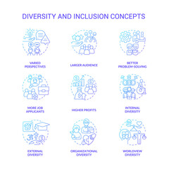 Diversity and inclusion blue gradient concept icons set. Varied perspectives idea thin line color illustrations. Better problem-solving. Isolated symbols. Roboto-Medium, Myriad Pro-Bold fonts used