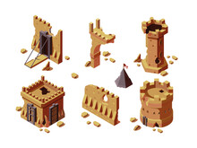 Medieval Buildings. War Damaged Historical Constructions Game 3d Isometric Garish Vector Templates